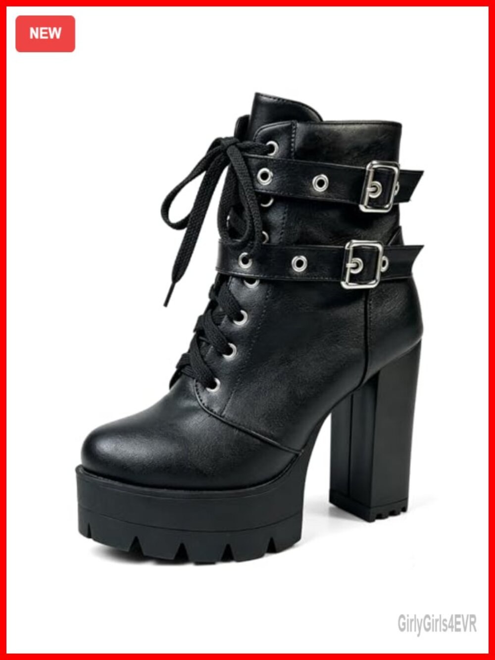 Platform Combat Ankle Boots High Heel Buckle Lace PU Leather Booties